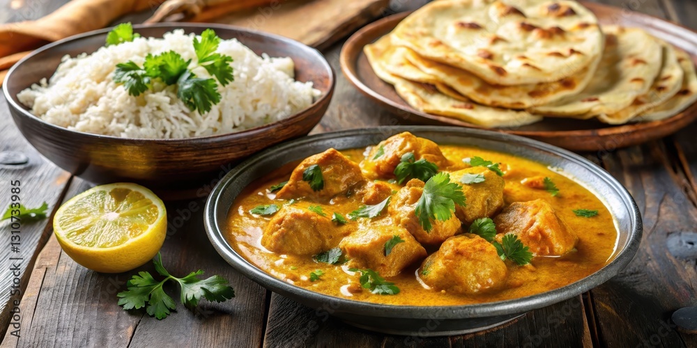 Chicken Korma on a plate with a side of basmati rice and naan bread, garnished with fresh cilantro and lemon wedges in a traditional Indian setting, mild spices, delicious chicken korma Chicken Korma on a plate with a side of basmati rice and naan bread, garnished with fresh cilantro and lemon wedges in a traditional Indian setting, mild spices, delicious chicken korma