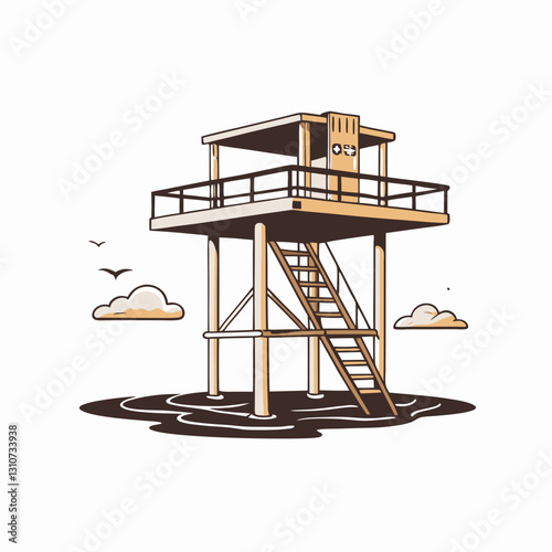 Lifeguard tower overlooking water and clouds
