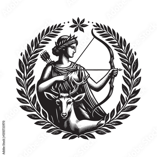 Artemis, Goddess of the Hunt, Bow and Deer, Traditional Woodcut
