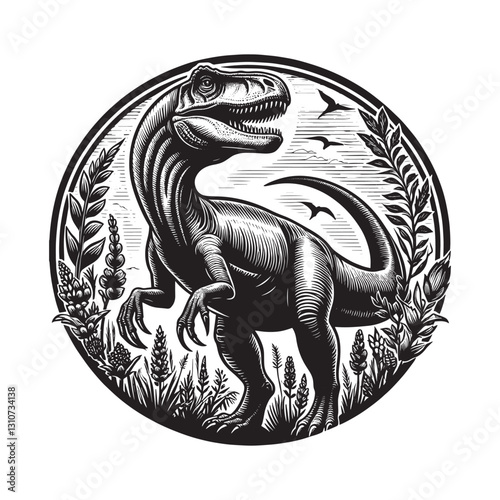 Allosaurus depiction in vintage woodcut style, prehistoric preda