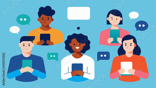 Investor Group Chat A vector of a group of diverse people sitting together each holding a device exchanging messages in a group chat that influences their stock trading decisions.