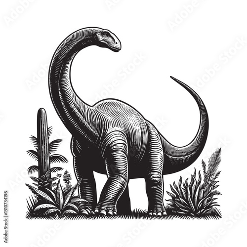 Brachiosaurus in black and white woodcut style, stands tall in i