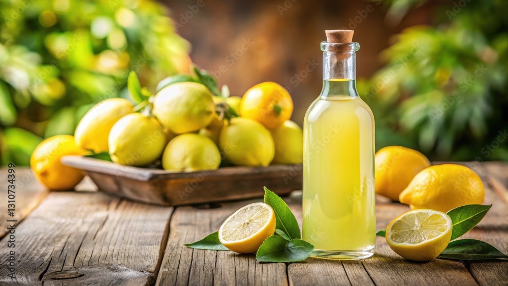 Close-up of a bottle of Italian limoncello with fresh lemons in the background, lemon, citrus, lemon, citrus