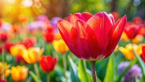 Colorful Red Tulip Flower Blooming in Garden , blossoms, spring,  blossoms, spring, bloom