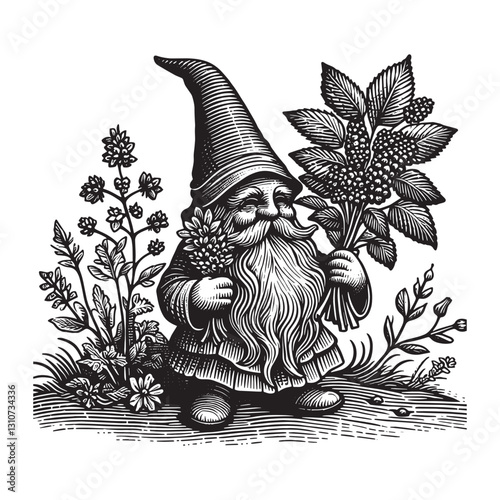 Charming woodcut illustration of a gnome holding flowers and pla