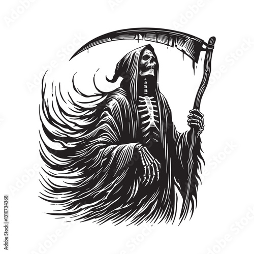 Chilling grim reaper woodcut illustration in stark black and whi