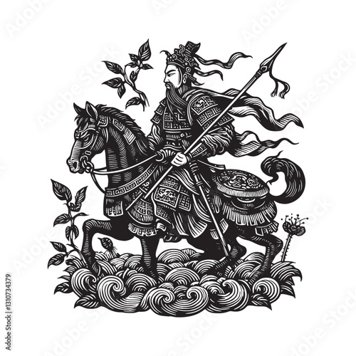 Chinese warrior illustration in woodcut style wielding a spear o