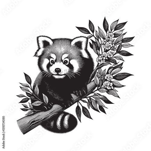 Charming Red Panda Perched on Blossoming Branch Illustration in
