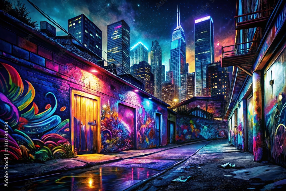 Obraz premium Night City Graffiti Art: Artistic Paintbrush Texture, Urban Street Art Photography