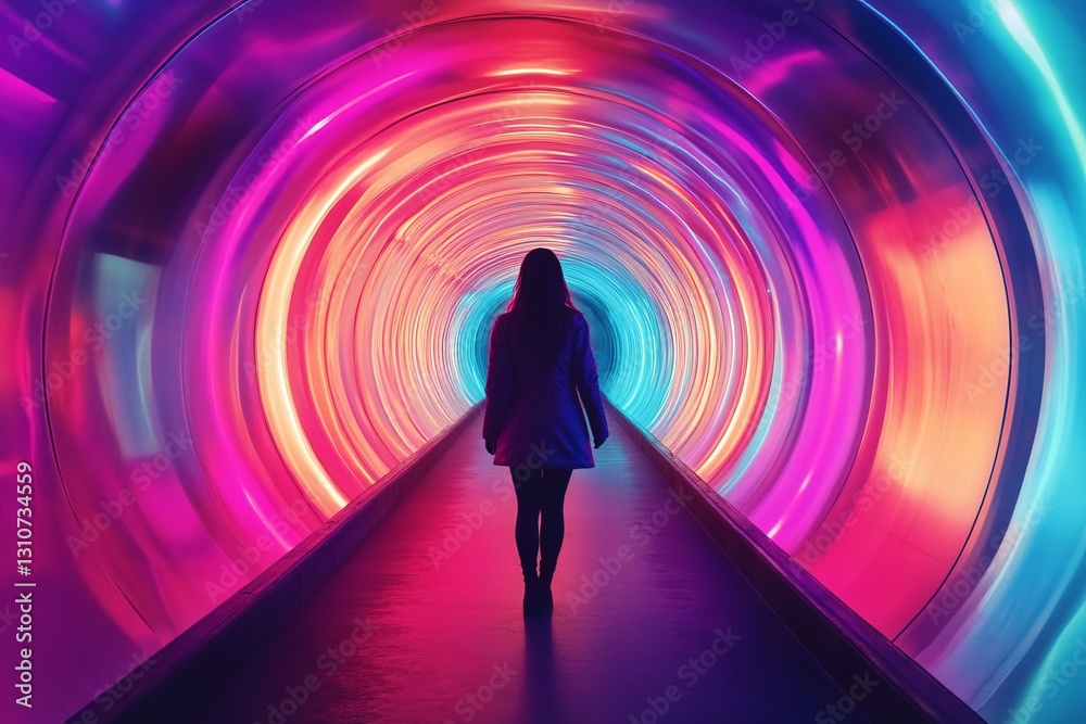 Mesmerizing Neon Tunnel with Silhouette of a Person Walking Through Mesmerizing Neon Tunnel with Silhouette of a Person Walking Through