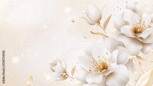 Luxurious gold line art illustration vector of white camellia flowers with a golden shimmer on a light background, a floral pattern for wall decoration or wallpaper design. 