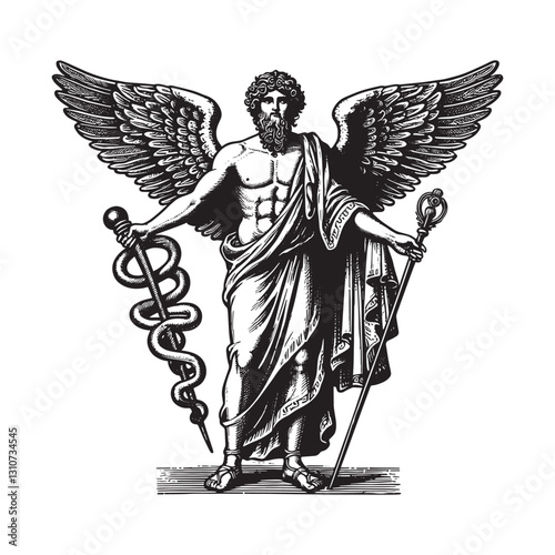 Classical Hermes illustration showing winged sandals and caduceu