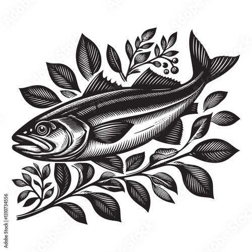 Classic Woodcut Style Illustration of a Codfish with Botanical E