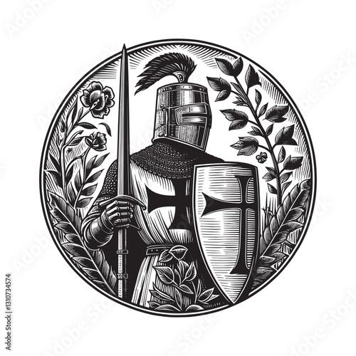 Crusader Knight in Floral Wreath Black and White Woodcut Illustr
