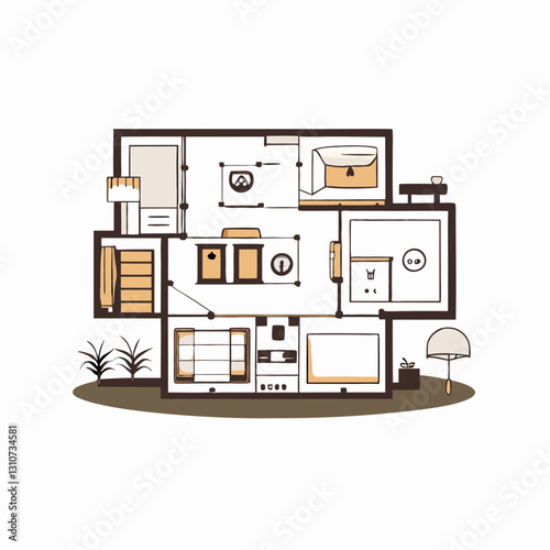 Illustrated floor plan of a modern home