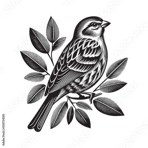 Detailed black and white illustration of a songbird perched amon