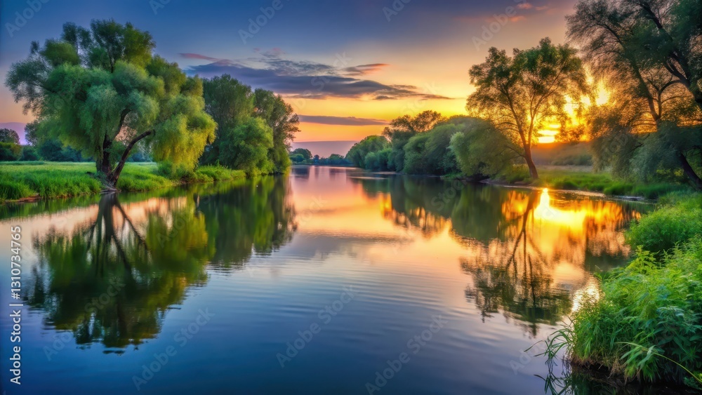 Obraz premium Softly glowing light reflects off water's surface at dusk on a serene river, with lush greenery and willows along banks