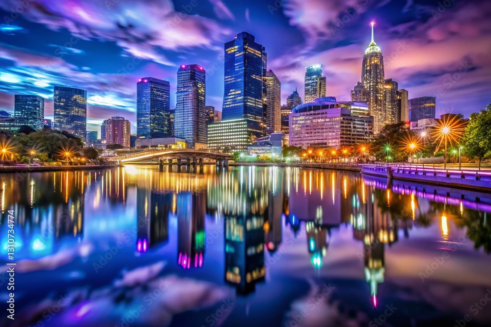 Fototapeta premium Night Cityscape Dipper Shot - Stunning Urban Lights at Dusk