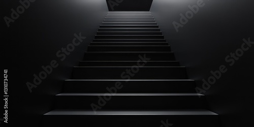Dark stairs leading upwards, dimly lit hallway background.  Concept image