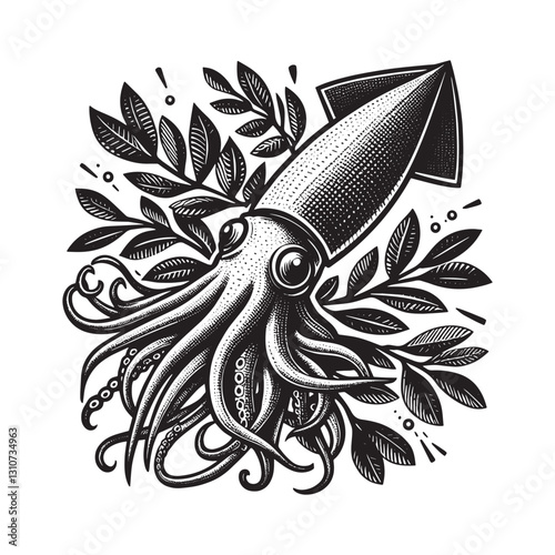 Detailed squid illustration with botanical elements in vintage w