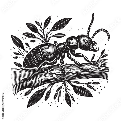 Detailed termite illustration in vintage woodcut style on white
