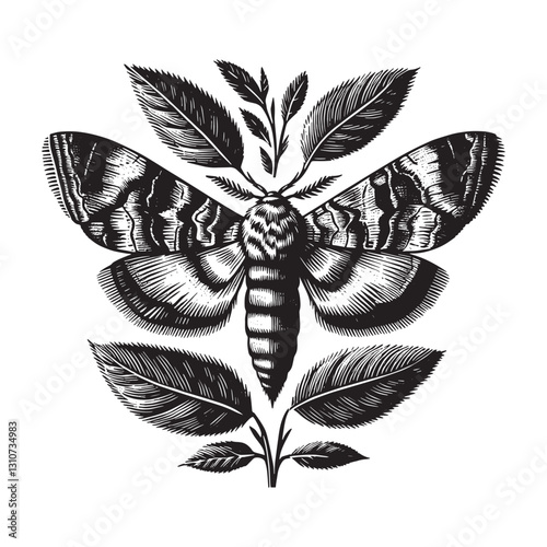 Detailed moth illustration with leaf accents in a black and whit