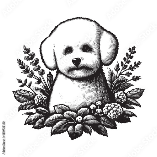 Detailed woodcut illustration of a bichon dog surrounded by bota