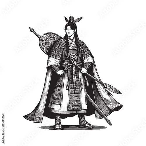 Detailed line art depiction of ancient East Asian warrior in arm