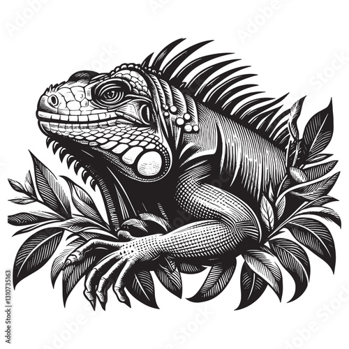 Detailed woodcut illustration featuring an iguana surrounded by
