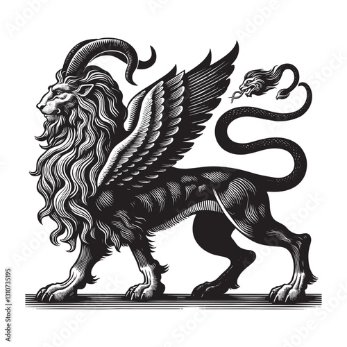 Detailed woodcut illustration of a Chimera with lion, goat, and