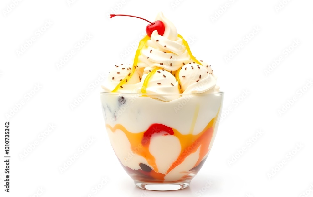 Dessert Ice Cream Sundae With Topping Fruit, Delicious Food, Cone Dessert Ice Cream Sundae With Topping Fruit, Delicious Food, Cone