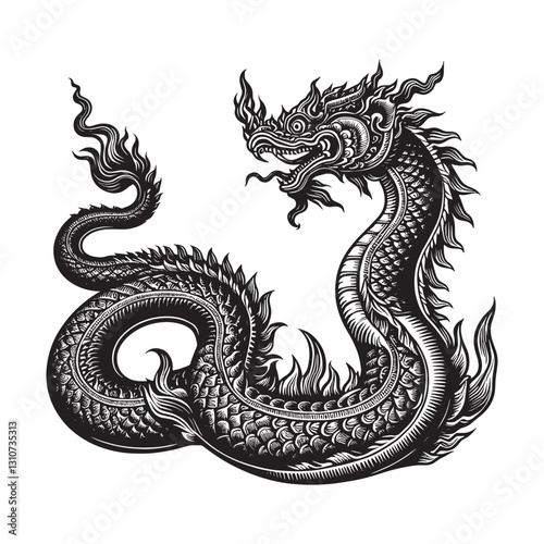 Detailed Woodcut Illustration of a Mythical Naga Serpent Creatur