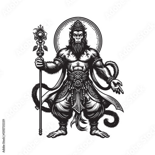 Detailed woodcut illustration of a heroic monkey king figure on