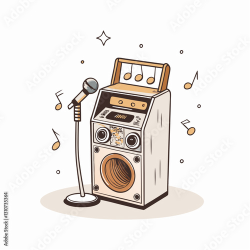 Vintage microphone with speaker and music notes, karaoke machine, karaoke concept