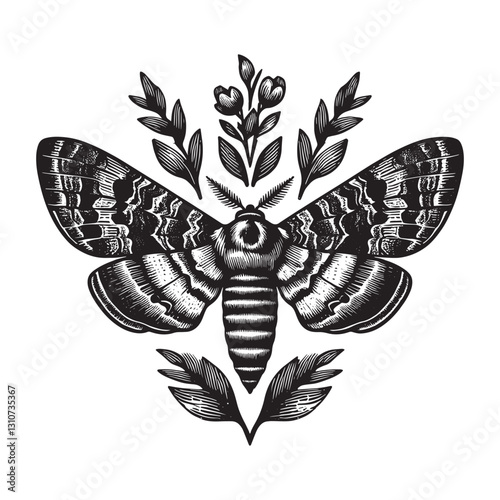 Detailed woodcut illustration of moth with botanical elements in