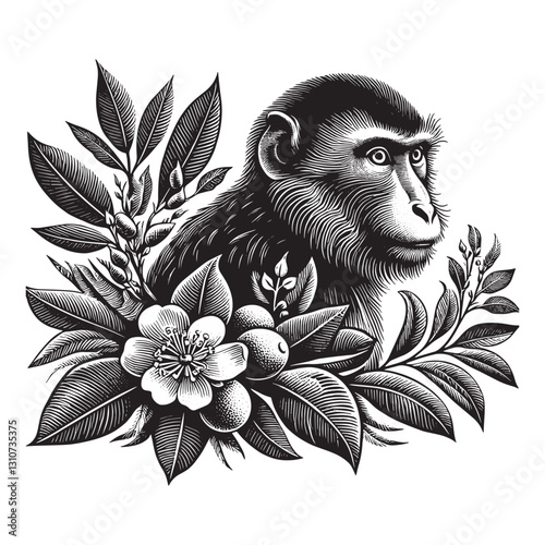 Detailed woodcut illustration of a thoughtful macaque monkey ami