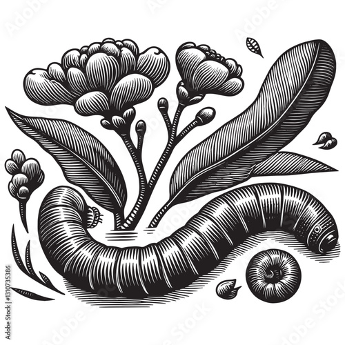 Detailed woodcut of caterpillar among blooming flora conveying n