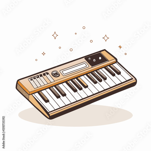 Illustrated keyboard with shining accents, electronic music concept, music class, piano section
