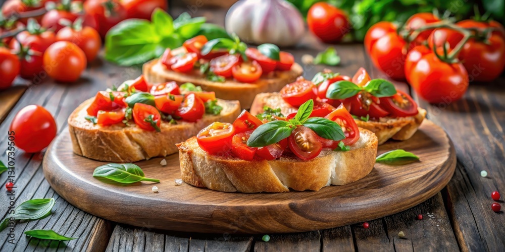 Fresh bruschetta with ripe tomatoes on a wooden table, fresh tomatoes, italian dish, fresh tomatoes, italian dish Fresh bruschetta with ripe tomatoes on a wooden table, fresh tomatoes, italian dish, fresh tomatoes, italian dish