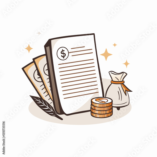 Financial documents with coins and money bag, financial portfolio concept, securities