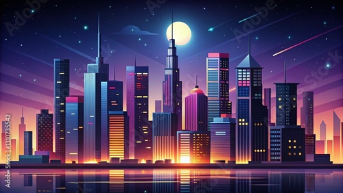 Night Cityscape Silhouette, Dark Urban Scene, Minimalist Night Photography, Simple Graphic Design, City at Night