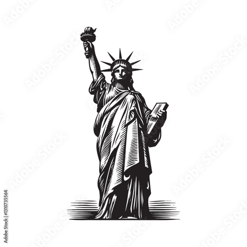 Dramatic woodcut illustration of a lady liberty emblem, standing