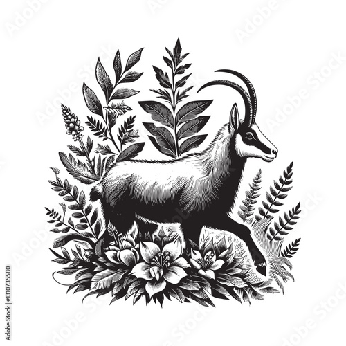 Dramatic monochrome image of a chamois goat, woodcut style botan