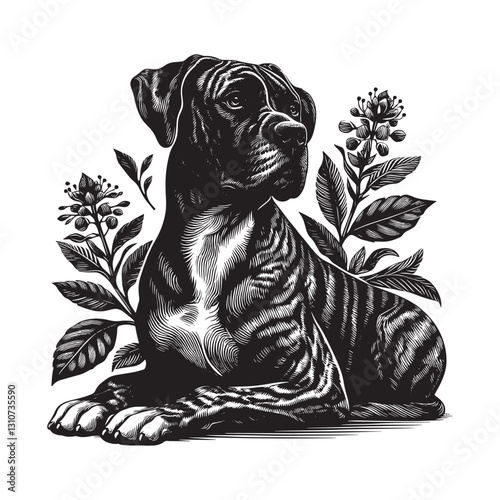Dog Portrait with Botanical Elements in Traditional Woodcut Styl