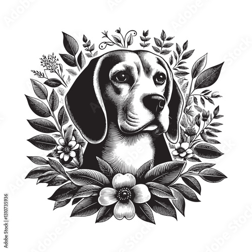 Elegant beagle portrait with floral decorations in classic woodc photo
