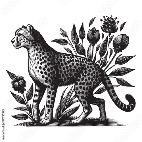 Elegant cheetah portrait with botanical accentuation in monochro
