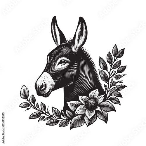 Elegant donkey depiction with flora in a detailed woodcut style