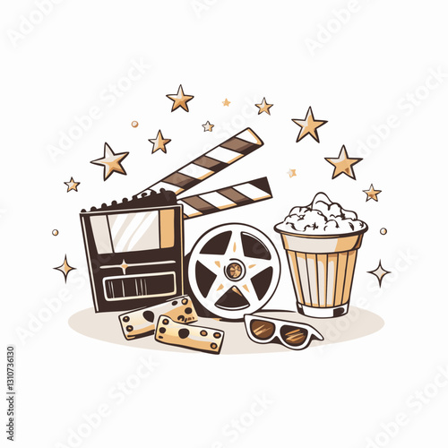 Movie-themed illustration with clapperboard and popcorn, home cinema, the concept of watching a movie