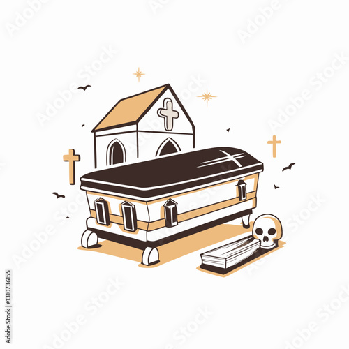 Coffin with skull and church in graveyard