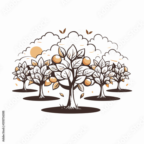 Stylized trees with oranges in a minimalist landscape, orchard concept,